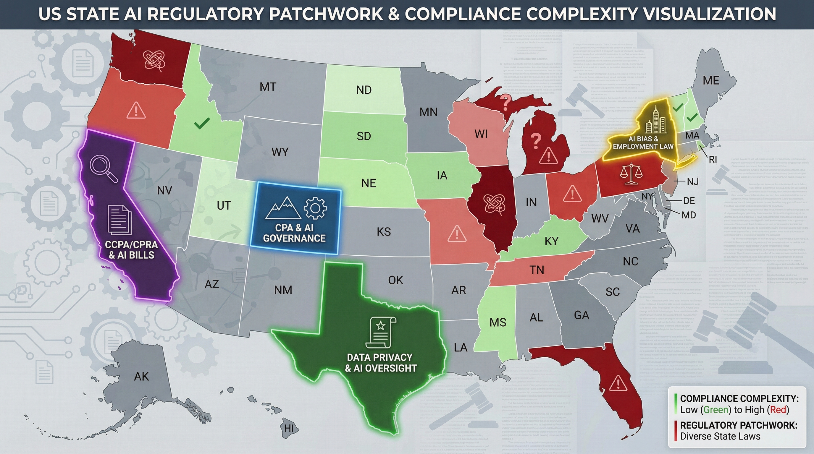 US map showing different state AI regulations and compliance requirements