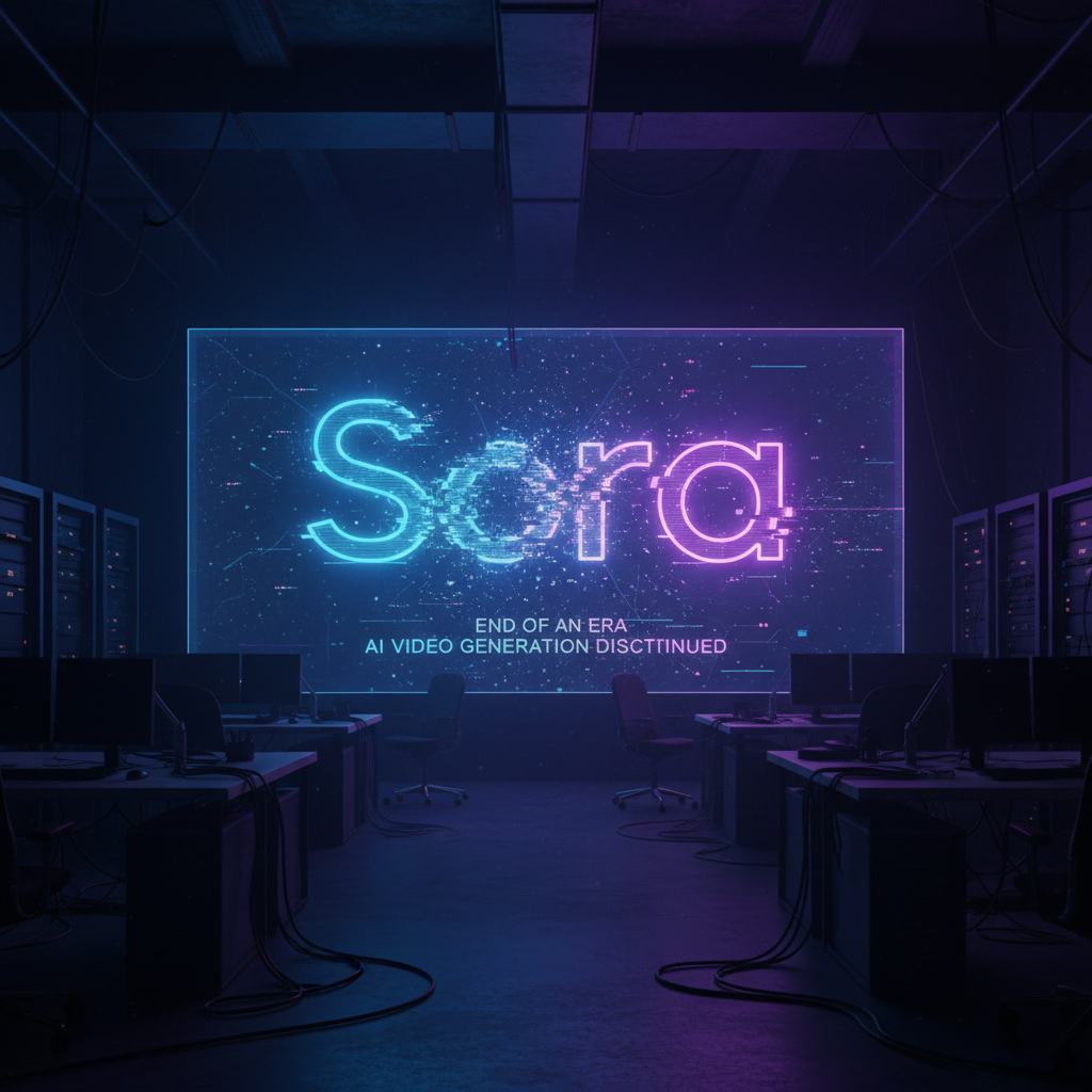 Sora AI video service shutdown - holographic screen dissolving into pixels