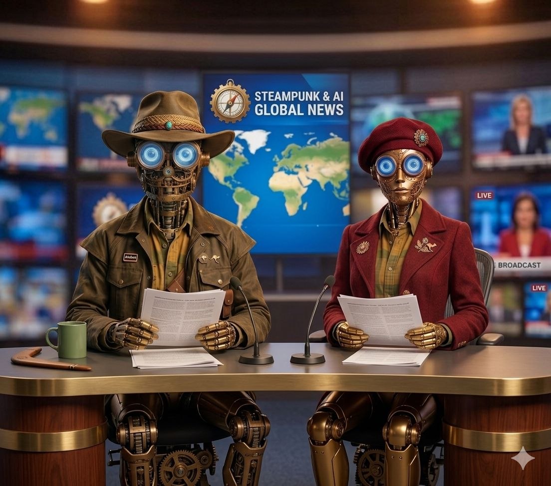 Steampunk and AI global news style hero image for Howard audio joke post