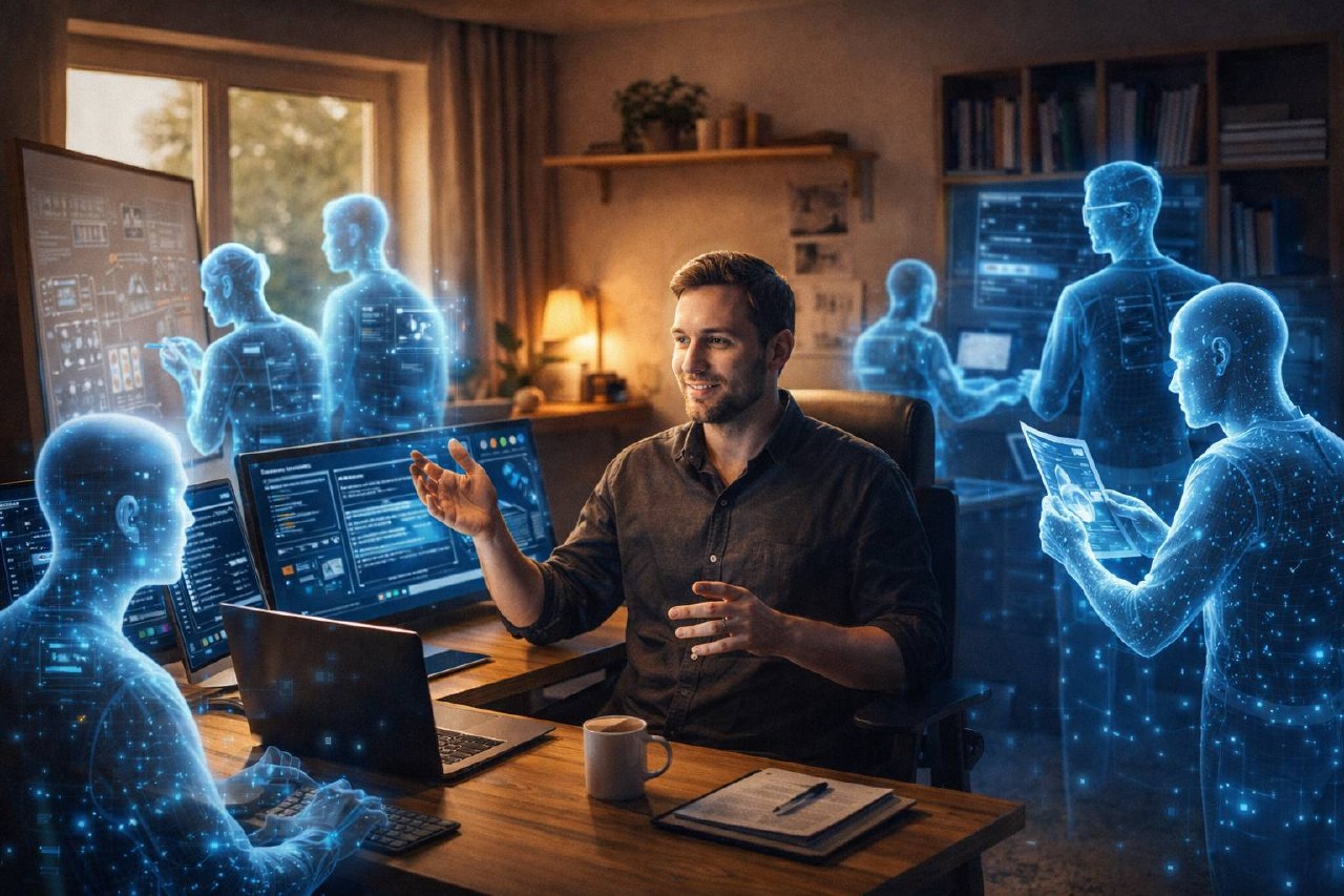 Solo founder directing holographic AI agents