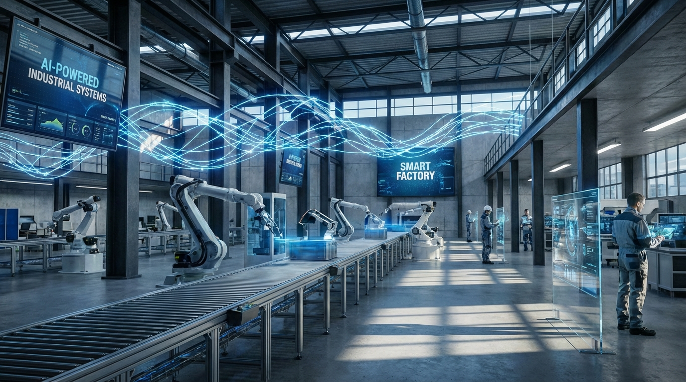 Futuristic factory floor with advanced robotics and AI systems